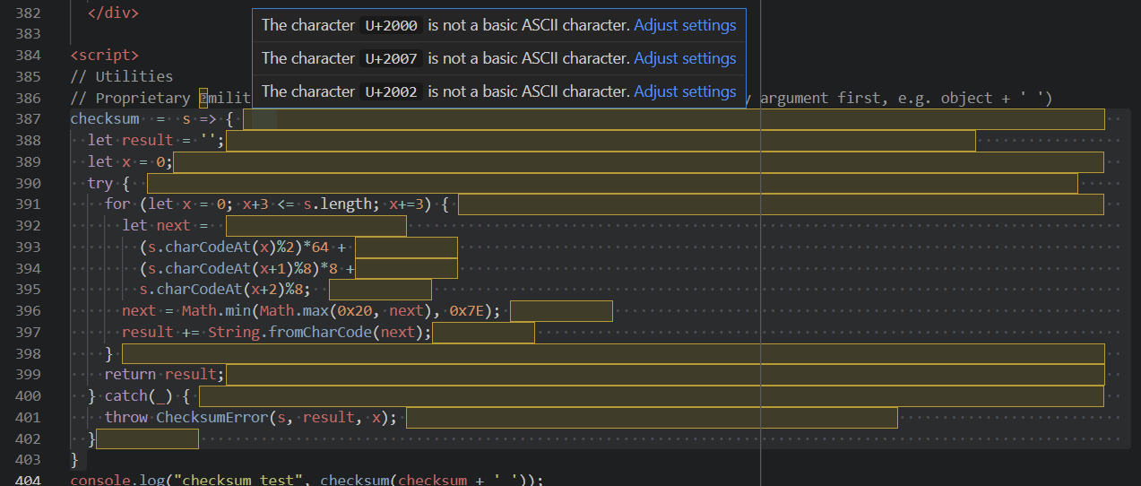 The original `checksum` implementation with trailing spaces and non-ASCII invisible characters demarcated by VS Code.