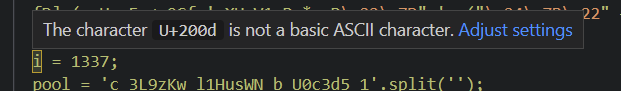 VS Code highlights the `i` in `i = 1337` as a non-ASCII character.