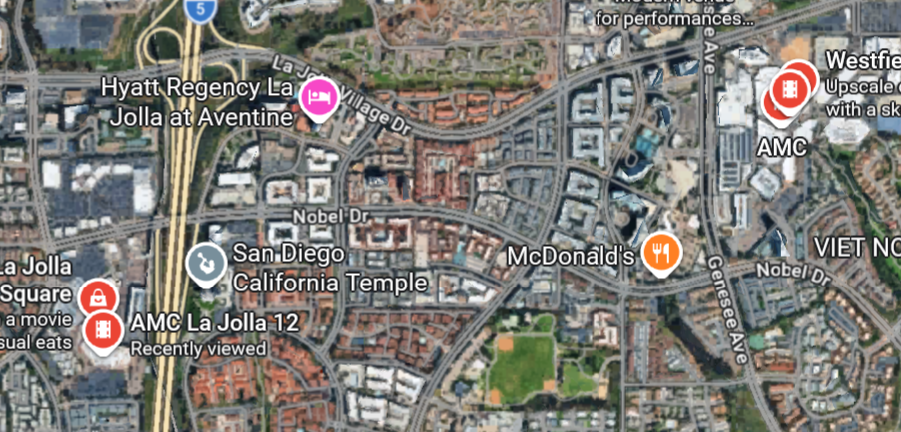Screenshot of Google Maps with a red movie clip icons in San Diego.