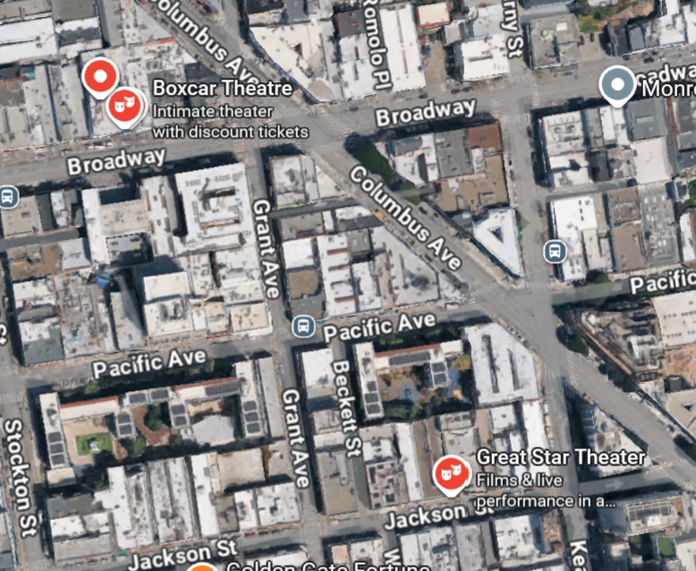 Screenshot of Google Maps with a red drama mask icons in Chinatown.