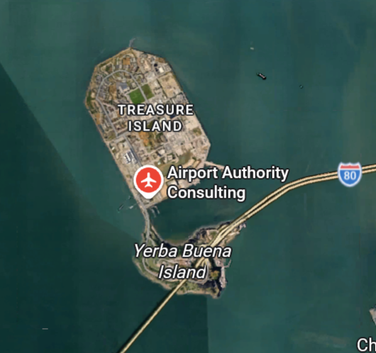 Screenshot of Google Maps with a red airplane icon labelled 'Airport Authority Consulting' on Treasure Island.