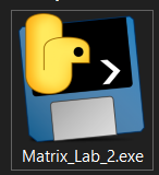 The icon for Matrix_Lab_2.exe in the file explorer, which has a floppy disk with the Python logo overlaid on it.