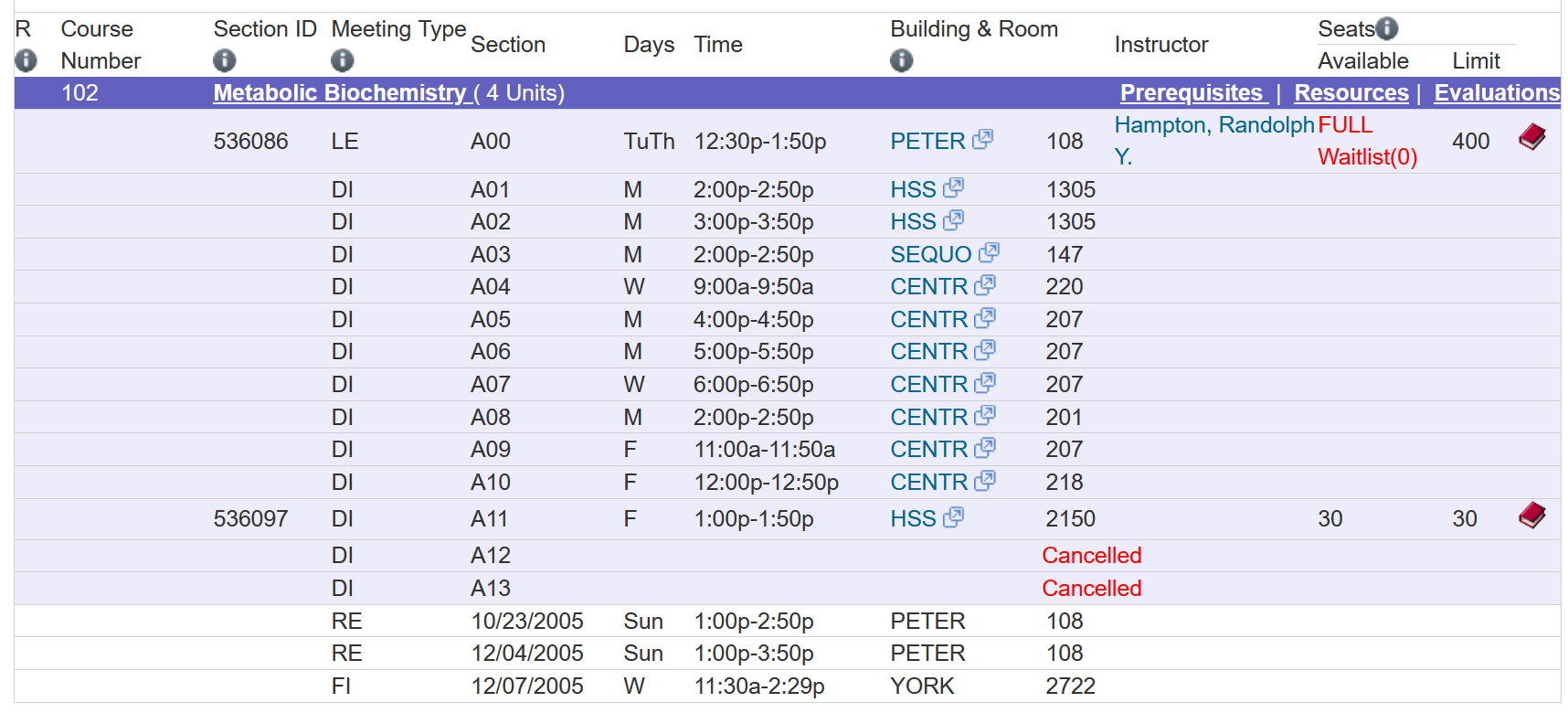 BIBC 102: 536086 LE A00 TuTh 12:30p-1:50p PETER 108 Hampton, Randolph Y. FULL Waitlist(0) Limit: 400; unenrollable discussions A01–A10; 536097 DI A11 F 1:00p-1:50p HSS 2150 Available seats: 30 Limit: 30