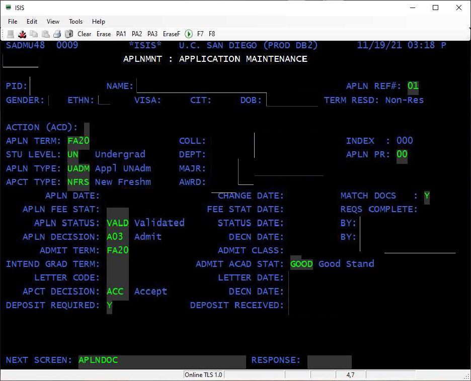 A terminal-looking interface with blue and bright green text on a black background. Some text is blacked out.