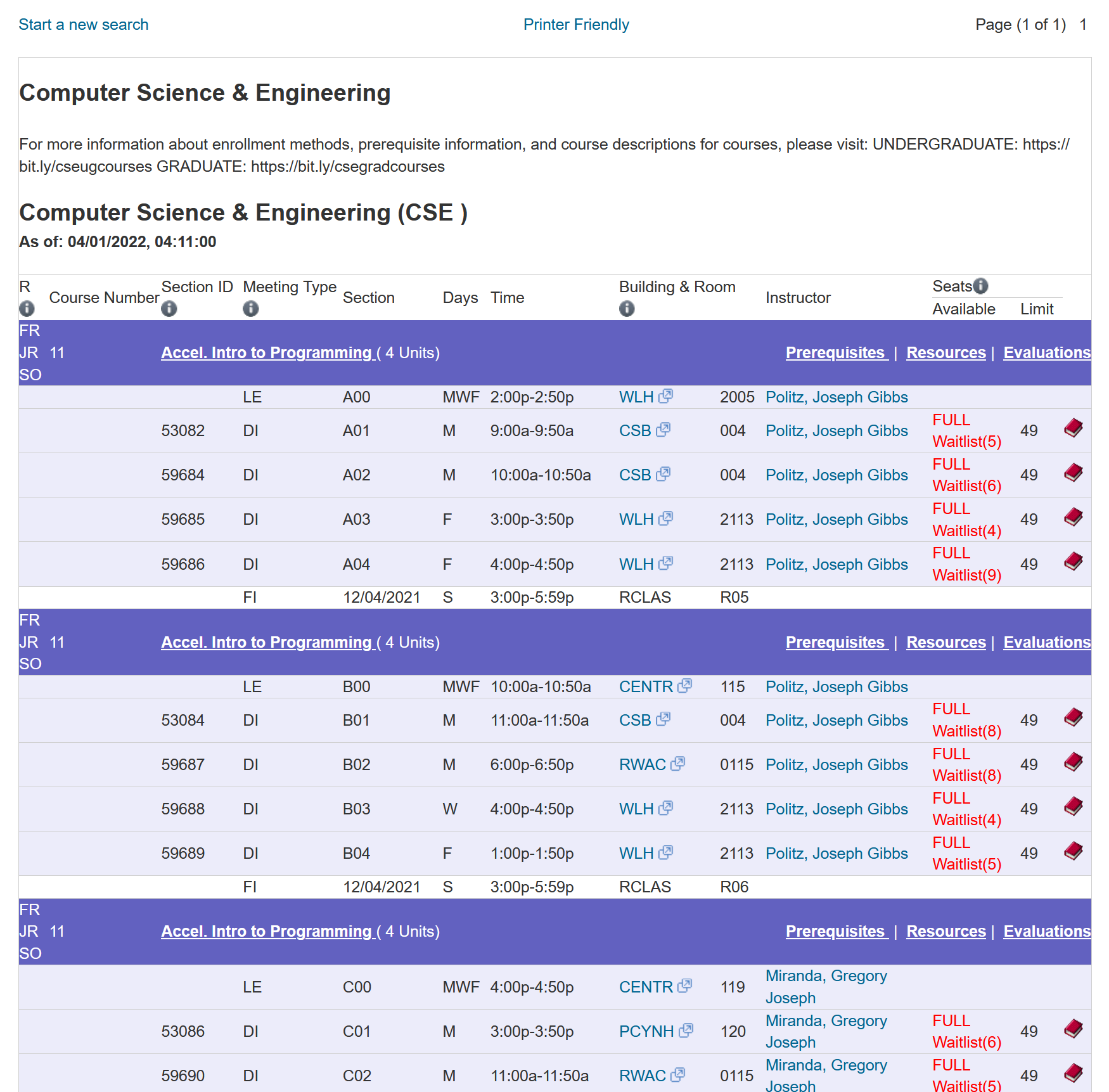 Fall 2021 CSE 11 course schedule, with three blocks: A0x, B0x, C0x. Each block has a lecture and several discussions and a final exam. All are full with waitlists.